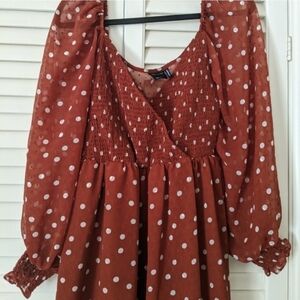 Rust Polka Dot Dress with Sheer Sleeves